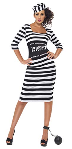 Woman in black and white striped convict costume with ball and chain.