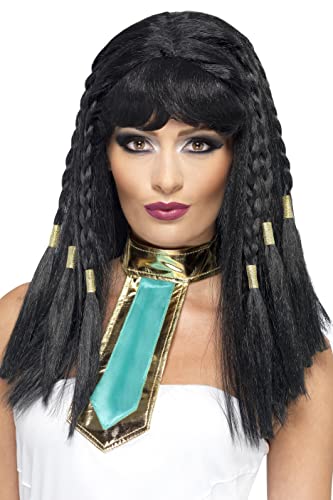 Black Cleopatra wig with braided details and gold accents, worn by a model.