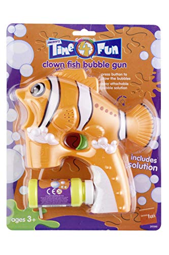 Orange clown fish-shaped bubble gun toy with bubble solution attached.