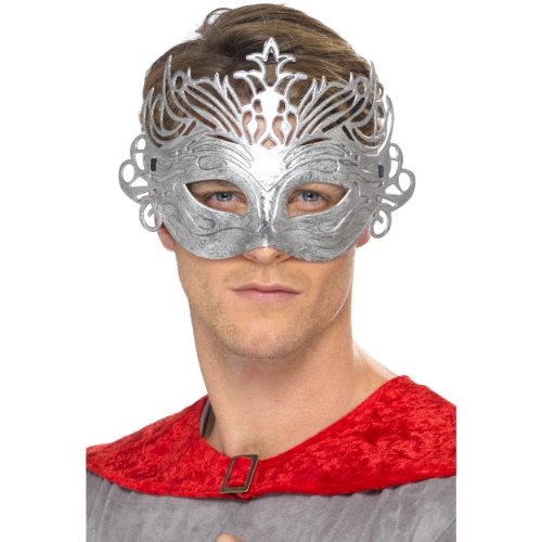 Silver Colombina mask with ornate detailing worn by a man.