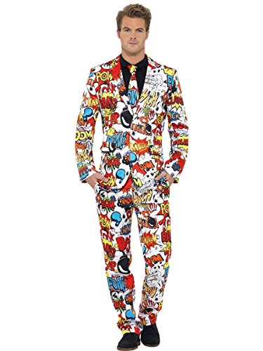 Man wearing a white suit covered in colorful comic book graphics.