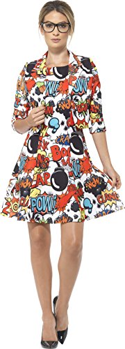 Woman wearing a multicolored comic strip print dress and black high heels.