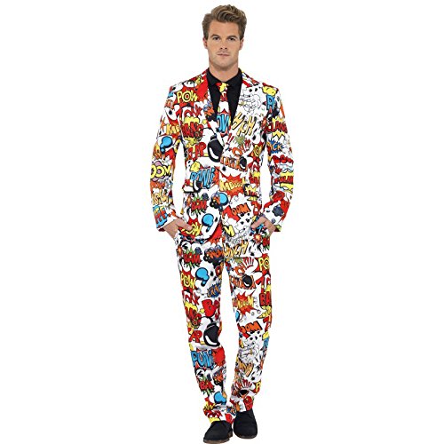 Man wearing a white comic strip print suit with red, blue, and black accents.