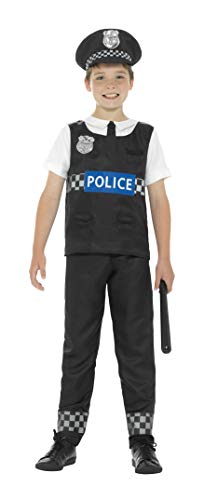 "Young boy dressed in a police costume, holding a baton, against a white background."