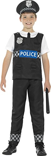 Young boy wearing a black police costume with checkered details and holding a baton.