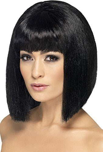 A mannequin head wearing a black, chin-length wig with straight bangs.