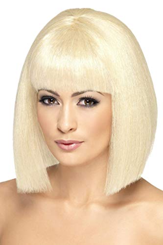 Blonde bob wig with straight bangs, modeled on a person.