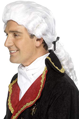 Man wearing a long, curly white wig resembling 18th-century style.