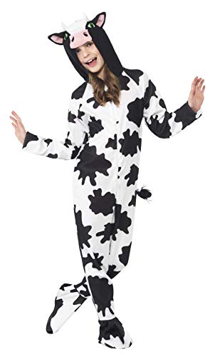 Child wearing a black and white spotted cow onesie costume.