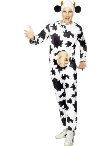 Person wearing a black and white spotted cow costume with a udder.