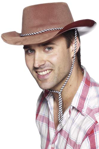 Brown cowboy hat with white cord, worn by a smiling man.