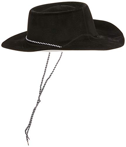 Black flocked cowboy hat with white cord detailing, isolated on white.