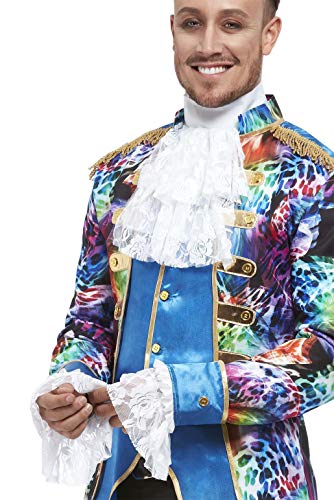 Man wearing a white lace cravat and ruffled cuffs with a colorful coat.