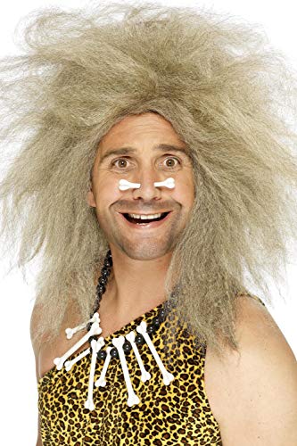 Man wearing a long, messy, gray-brown caveman wig and bone accessories.