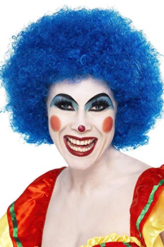 Bright blue, curly clown wig worn on a person with clown makeup.