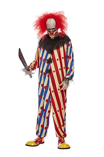 Creepy clown costume with red wig, striped suit, and a fake knife.