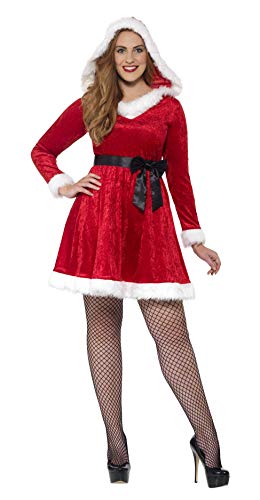 Woman wearing a red Miss Santa costume with white fur trim.