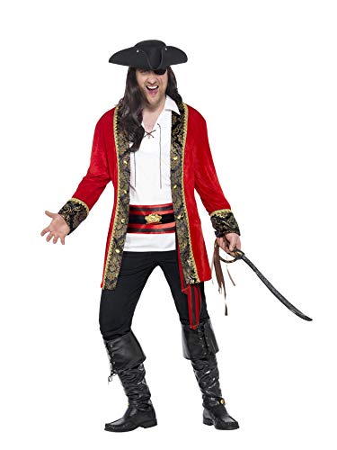 Man in a red and gold pirate captain costume with sword.