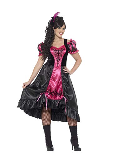 Woman wearing a pink and black saloon-style dress with fishnet stockings and boots.