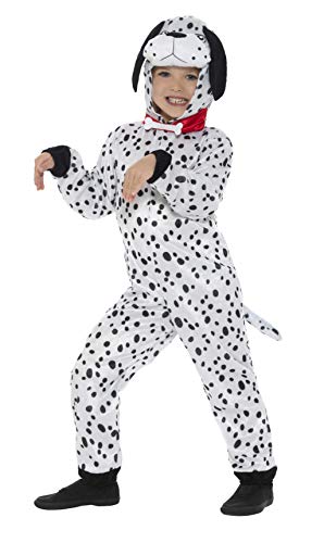 Child wearing a white Dalmatian costume with black spots and hood.