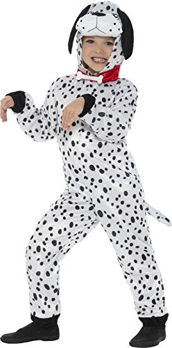 "Child wearing a white dalmatian costume with black spots, red collar, and dog headpiece."