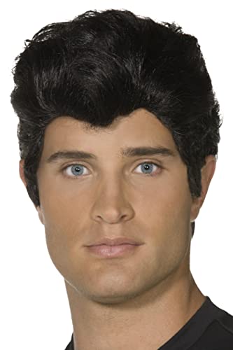 Black, wavy men’s wig styled with volume, worn on a model.