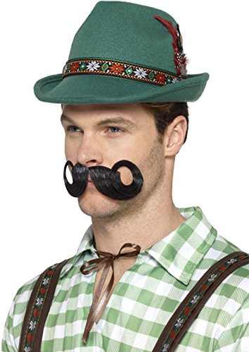 Man wearing green hat, green checkered shirt, and fake mustache against a white background.