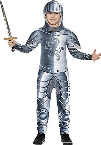A child dressed in a silver knight costume holding a sword, against a white background.