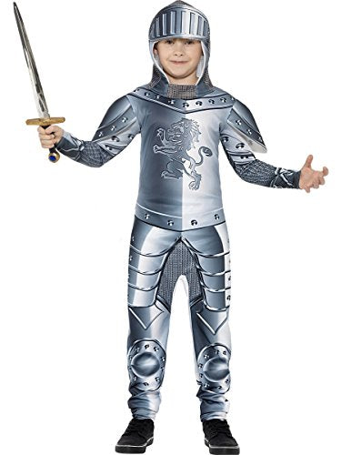 Child in a full silver and grey armoured knight costume holding a sword.