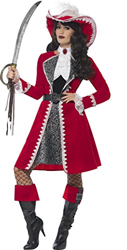 Woman dressed as a pirate captain in a red and white costume, holding a sword.