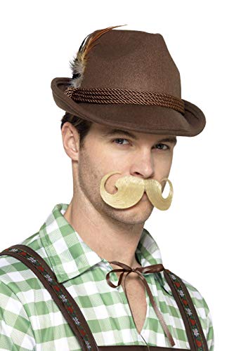 Man wearing a brown Bavarian hat with a feather and a blonde handlebar mustache.
