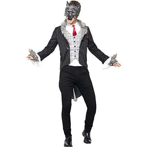 Man dressed as a wolf in a black suit, white shirt, and red tie.