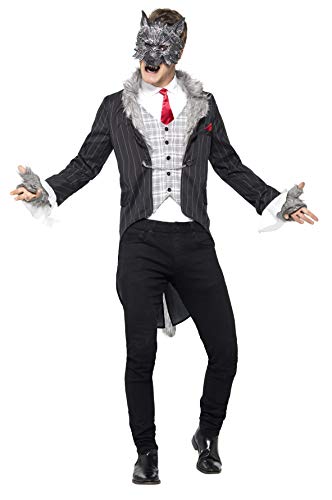 A man wearing a wolf mask, pinstripe tailcoat, plaid vest, red tie, and black pants.