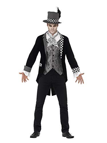 Man wearing a black and grey checkered Mad Hatter costume.