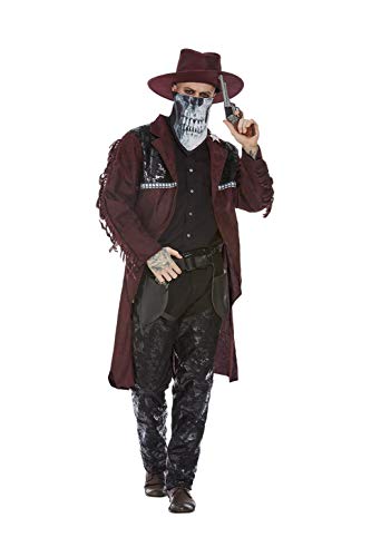 Dark western cowboy costume with hat, jacket, and pants for adults or teenagers.