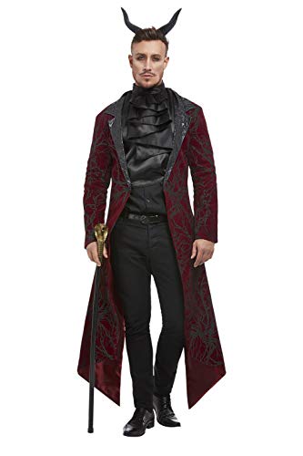 Man wearing a devil costume with horns, a long burgundy coat, and black shirt.