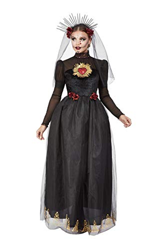 Woman in a long black gothic bride costume with a heart emblem.