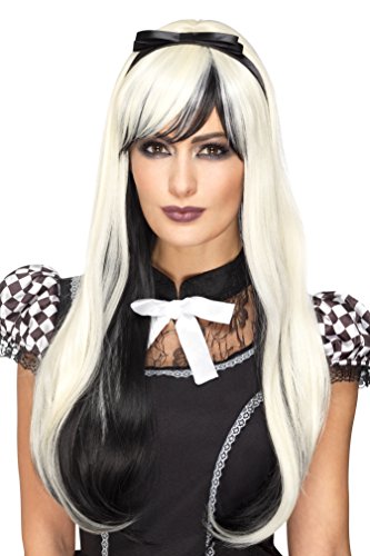 The image depicts a woman wearing a long, white and black wig. Here is a concise, descriptive alt text: "Woman wearing a long, white and black, half-black wig."