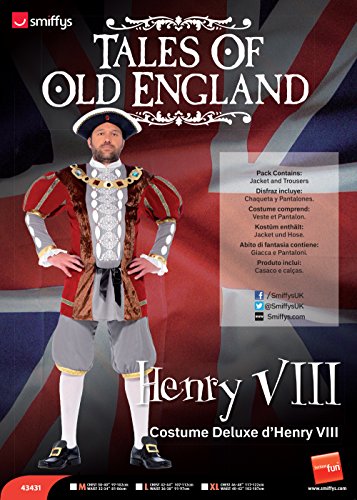 Man wearing a Henry VIII costume with a Tudor-style hat against a British flag.