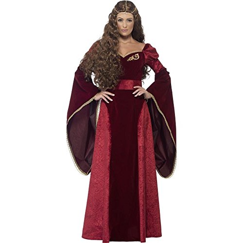 Woman in a long-sleeved, maroon medieval queen costume with gold trim.