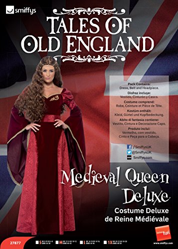 A woman wearing a red velvet medieval queen costume with long, flowing sleeves.