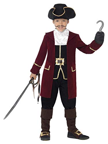 A child wearing a pirate captain costume with a hat, hook, and toy sword.