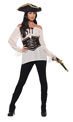 Woman wearing a white pirate shirt, black pants, and a tricorn hat.
