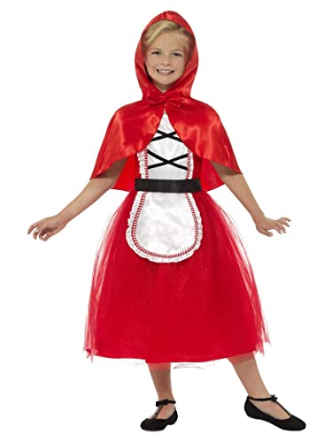 Girl in a red dress, white apron, and red hooded cape.