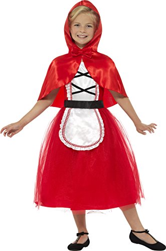 Young girl wearing a red hooded cape and red dress with a white apron.