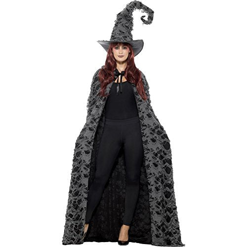 Woman wearing a long, grey, patterned spellcaster cape and pointed hat.
