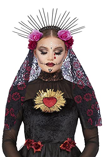 Woman wearing a black and red Day of the Dead floral headband.