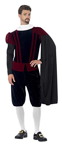 Man wearing a black and burgundy Tudor Lord costume with cape.