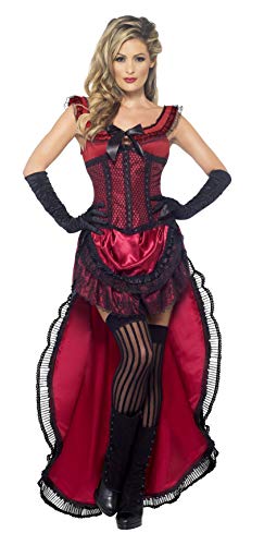 Woman in a red and black Victorian-style saloon girl costume.