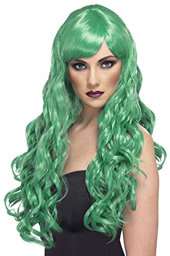 Woman modeling a long, curly, bright green wig with bangs.
